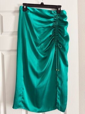 Satin Ruched Teal Midi Skirt with Side Drawstring